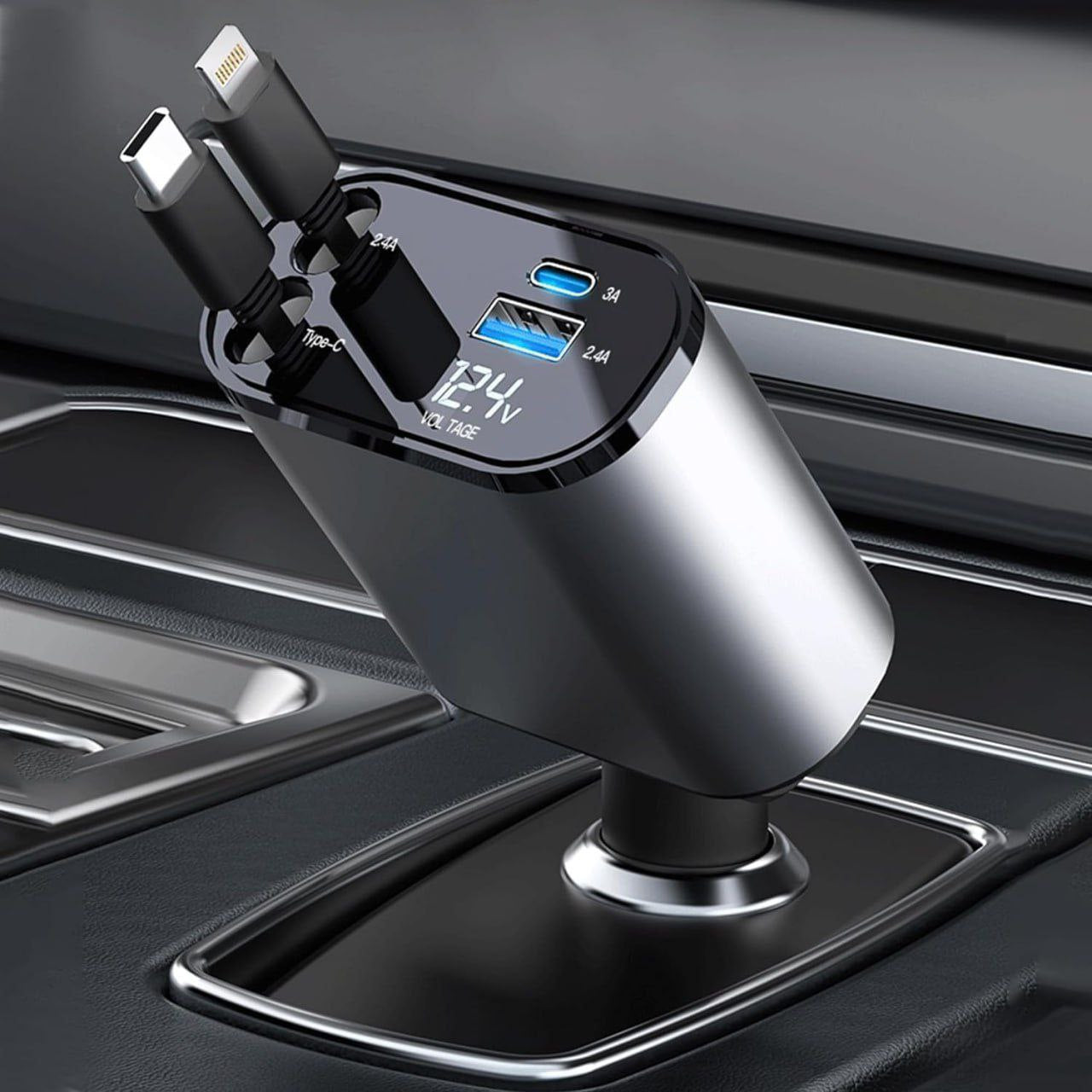 4-in-1 Retractable Super Fast Car Charger | 120W | Type-C & iPhone Compatible