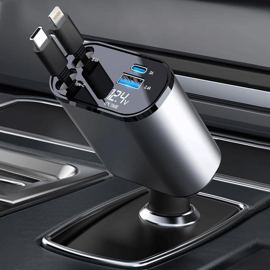 4-in-1 Retractable Super Fast Car Charger | 120W | Type-C & iPhone Compatible