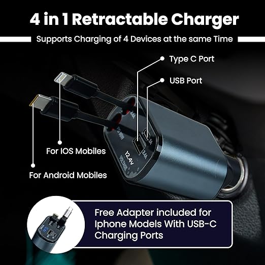 4-in-1 Retractable Super Fast Car Charger | 120W | Type-C & iPhone Compatible