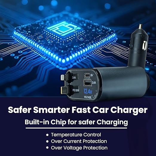 4-in-1 Retractable Super Fast Car Charger | 120W | Type-C & iPhone Compatible