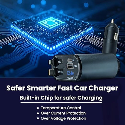 4-in-1 Retractable Super Fast Car Charger | 120W | Type-C & iPhone Compatible